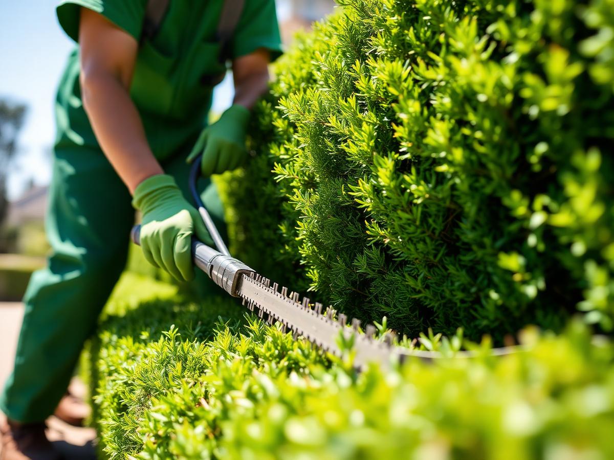 Crew member trimming a hedge